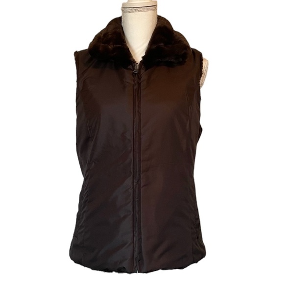 Liz Claiborne Chocolate Brown Reversible Zip-Up Faux Fur Women’s Vest Medium - Picture 3 of 14